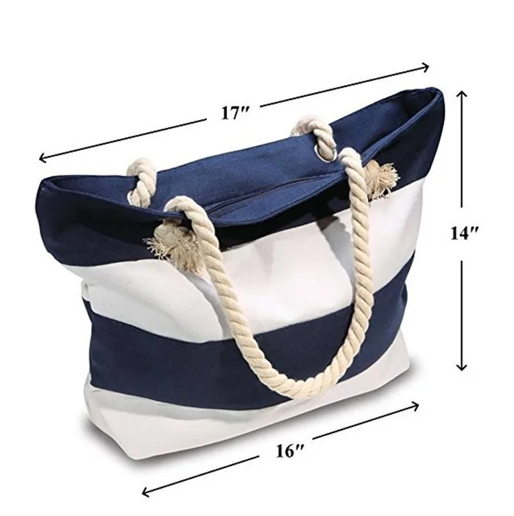 Hot Selling 16OZ Heavy Canvas Navy Blue Striped Summer Beach Shoulder Tote Bag