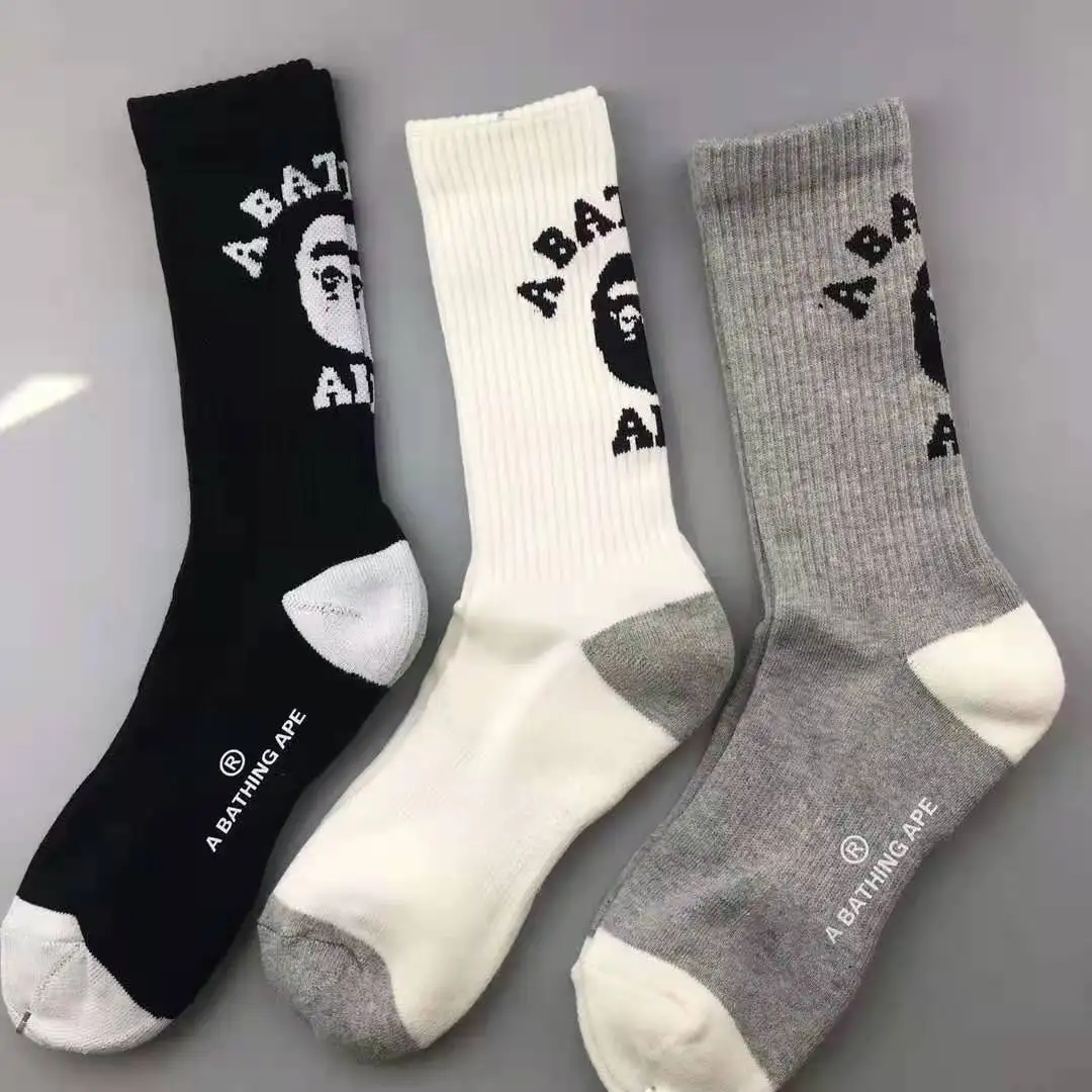 Color Nylon Cotton Polyester Fiber Sport Socks Logo White Black Gray Casual Men Bape Socks