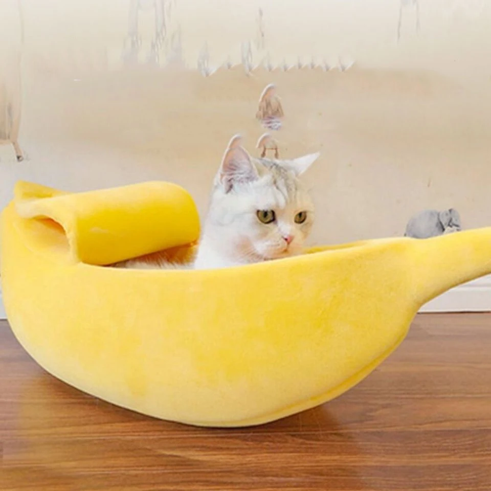 Kingtale Cat Banana Bed Dog House Warm Boat Pet Sleep Nest Cotton Cushion Coral Fleece  Pad  Mat