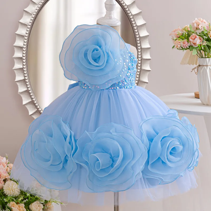 2024 Summer High-End Princess Dress for Girls Cross-Border Foreign Style with Three-Dimensional Rose and Puffed Skirt