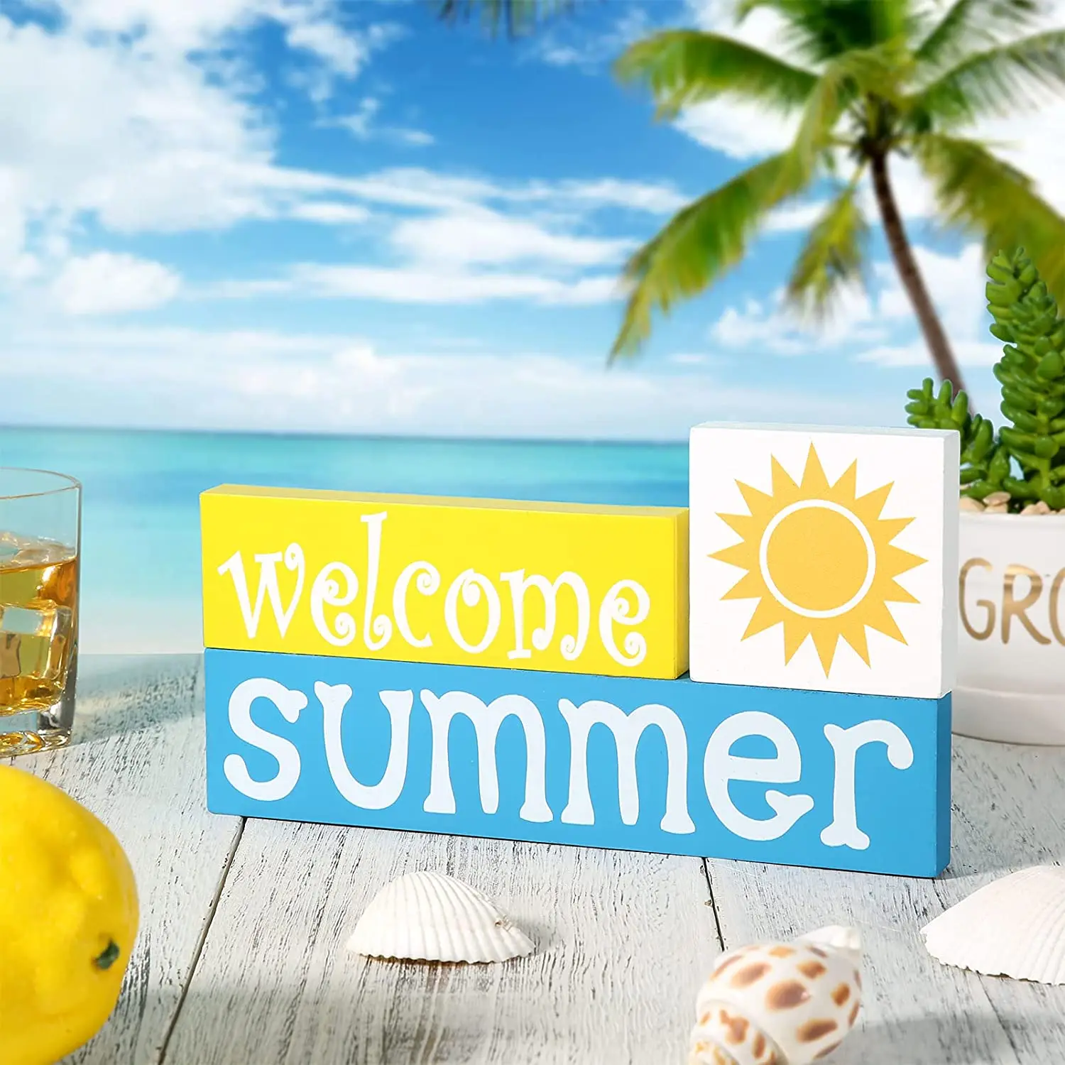 3 Pieces Wooden Welcome Summer Blocks Rustic Sun Wooden Sign