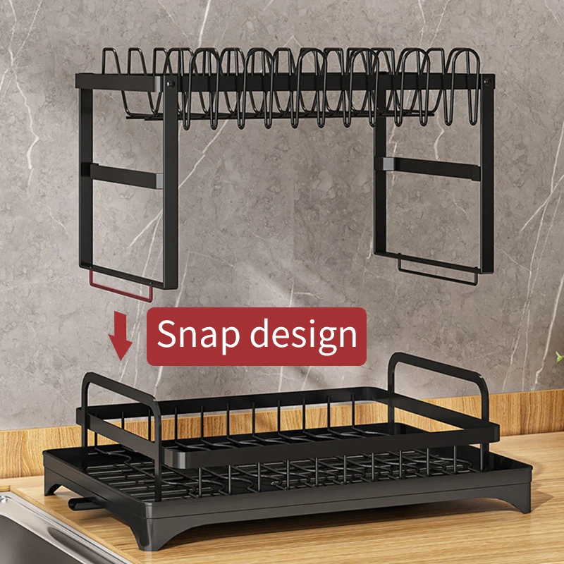 Kitchen Metal 2 Tier Dish Rack Drainboard Set Folding Drying Rack Drainer With Cutlery Drainer