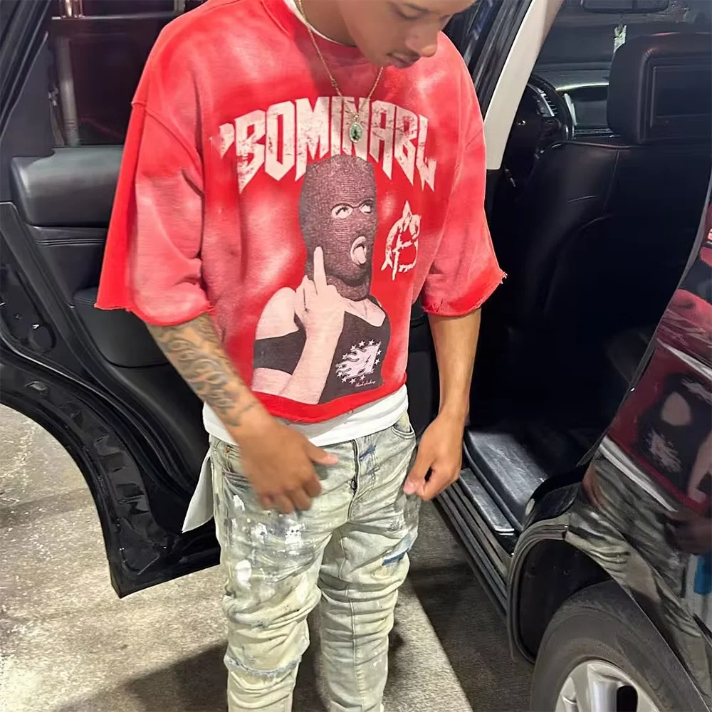 OEM Custom Streetwear Men Heavyweight Cotton Vintage Acid Wash Sun Faded Raw Hem T Shirt Graphic Print Boxy Fit Cropped T Shirt