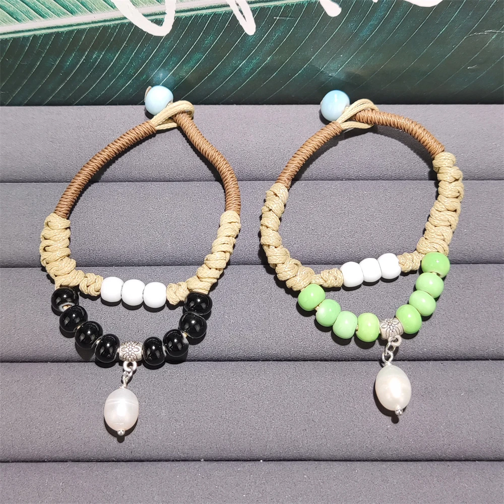 2024 New Arrivals Handmade Woven Leather Rope Bracelet Ceramic Beaded Freshwater Pearl Charms Double Layer Bracelet For Women