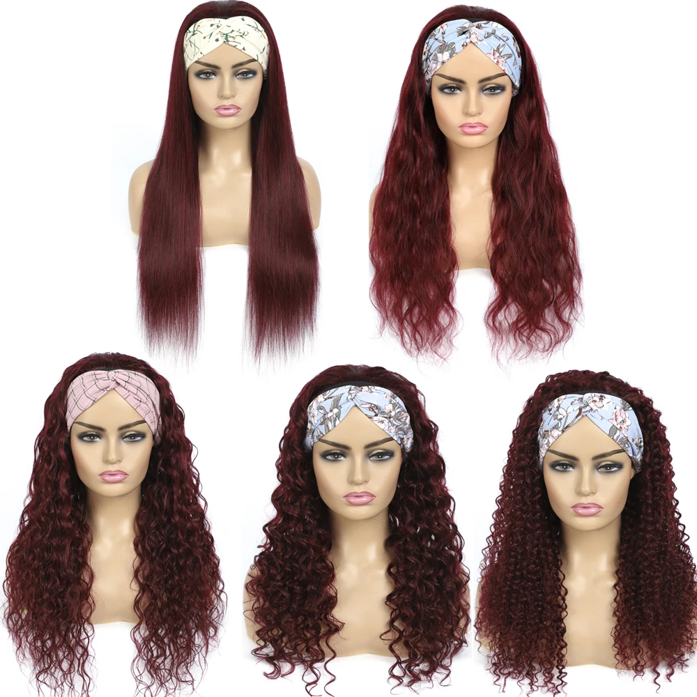 Wholesale Raw Indian Virgin Remy Human Cuticle Aligned Colored 99J  Hair None Lace Wigs For Black Women Glueless Headband Wig