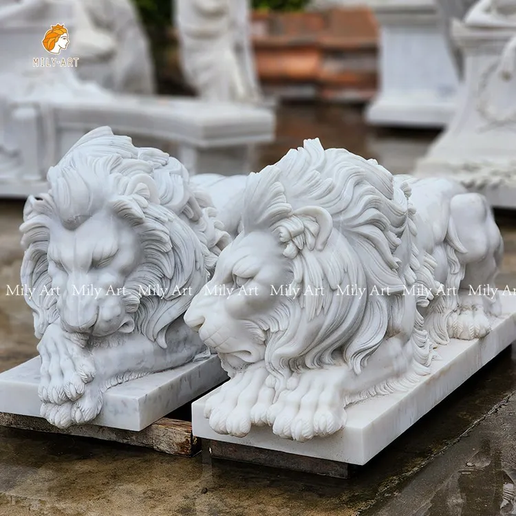 Outdoor Decoration Stone Animal Sculpture Marble Sleeping Lion Statue for Sale
