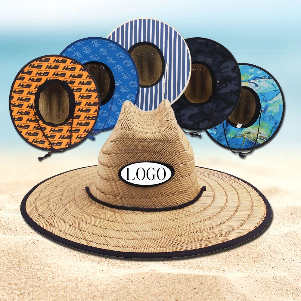 Factory Customized Underbrim Printing Fashion Travel Vacation Fashion Lifeguard Straw Hat Seaside Beach Brim Hollow Straw Hat (1600548056540)