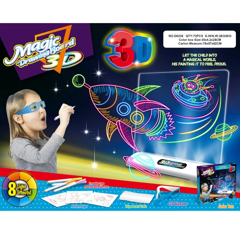 Kids interactive erasable light drawing doodle board toy 3D drawing board with glasses