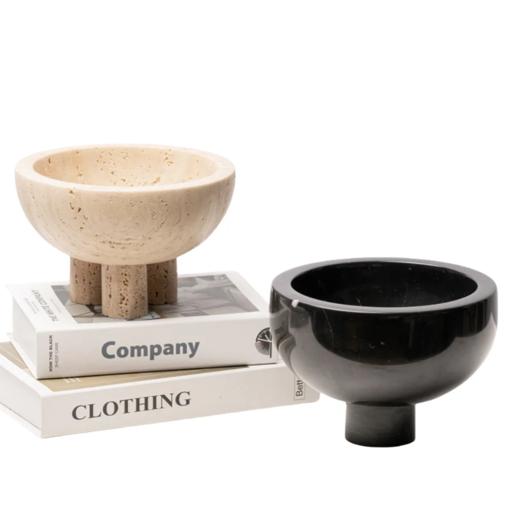 NANWEI Home Decor Black Marble High Foot Fruit Basin Storage Tray with Three Legs
