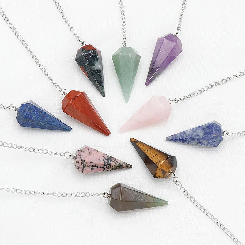 Natural crystal agate hexagonal pendulum stone with amethyst rose quartz multi-colored pendant necklace