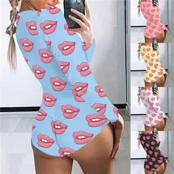 Hot Selling Digital Printing Pajamas Rompers Sexy Women One Piece Sleepwear V Neck Long Sleeve Valentines Onesie Sleepwear