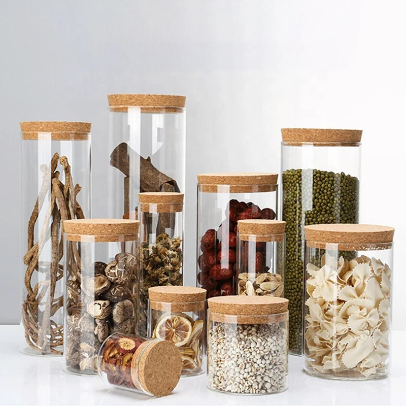 China Custom Air Tight Small Tiny Mini Wide mouth  Big Size Kitchen Storage Sealed Glass Jar with Cork Lid