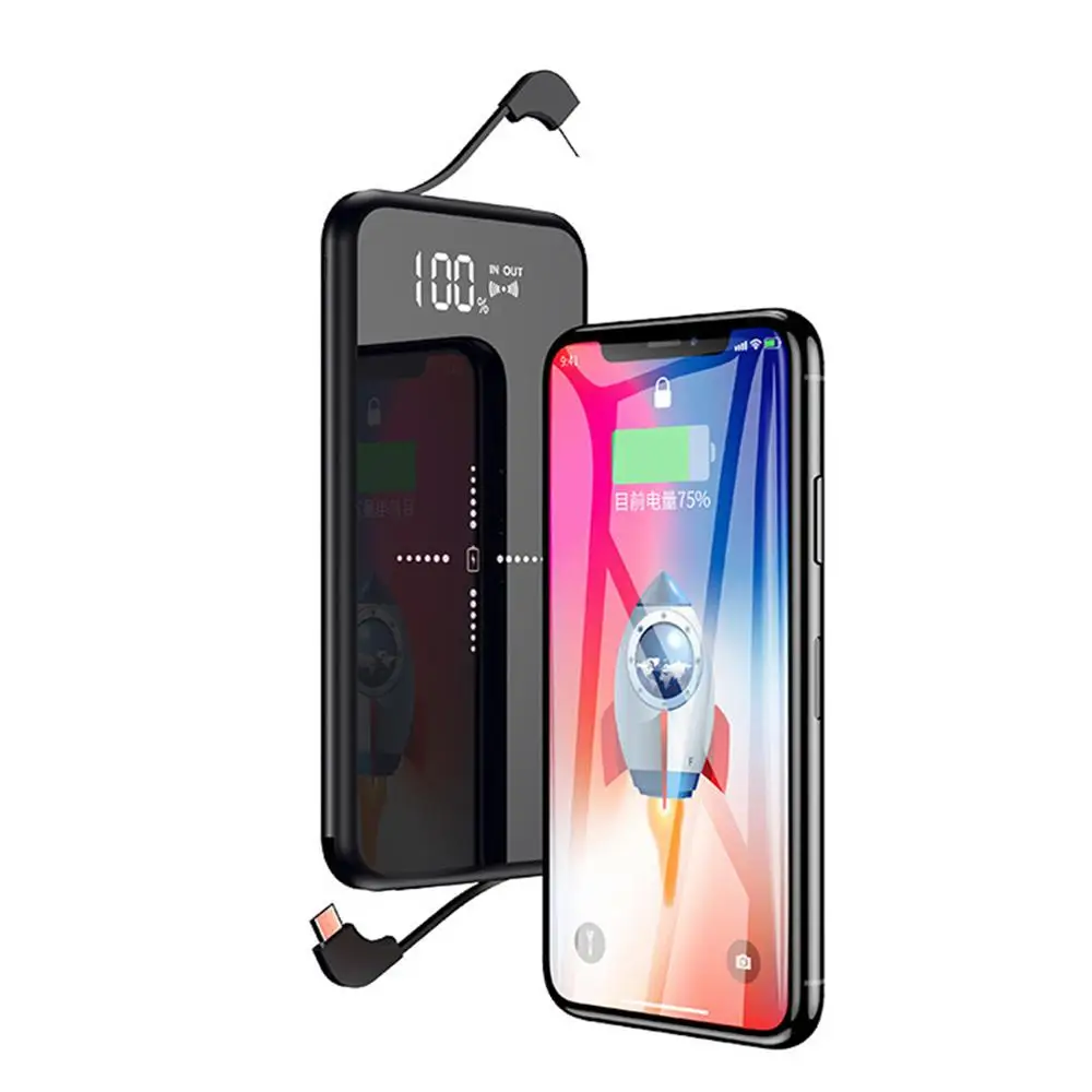 
 WELUV тонкий внешний аккумулятор зеркало светодиодный цифровой дисплей Мини Портативный 10000 мАч беспроводной Внешний аккумулятор со встроенным кабелем  