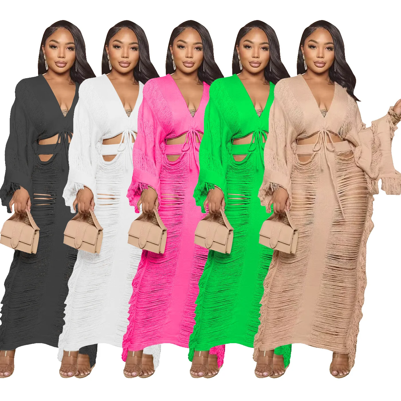 New Hollow Out 2 Piece Skirt Set 2024 Summer Beach Wear Tassel Skirt And Bra Top Set For Women Crochet Two Piece Skirt Set