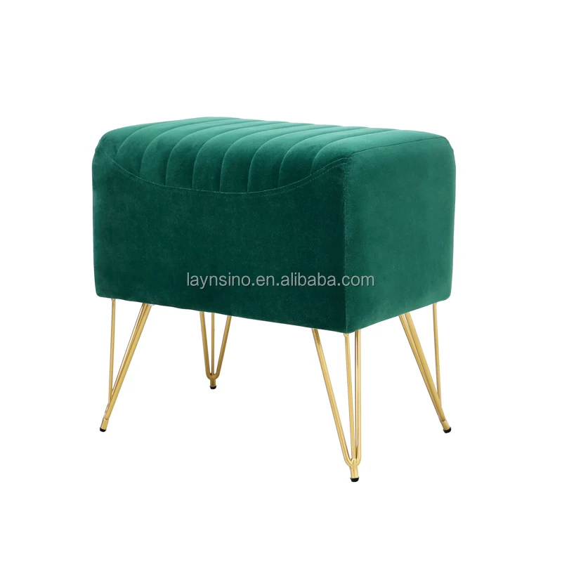 Living Room Furniture Wholesale Metal Leg Upholstered Stool Modern Green Velvet Square Soft Footstool