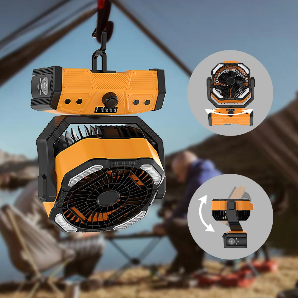 2024 New 30000mAh Battery Operated Outdoor USB Rechargeable Portable Desk Fan Camping Fan With Led Lamp