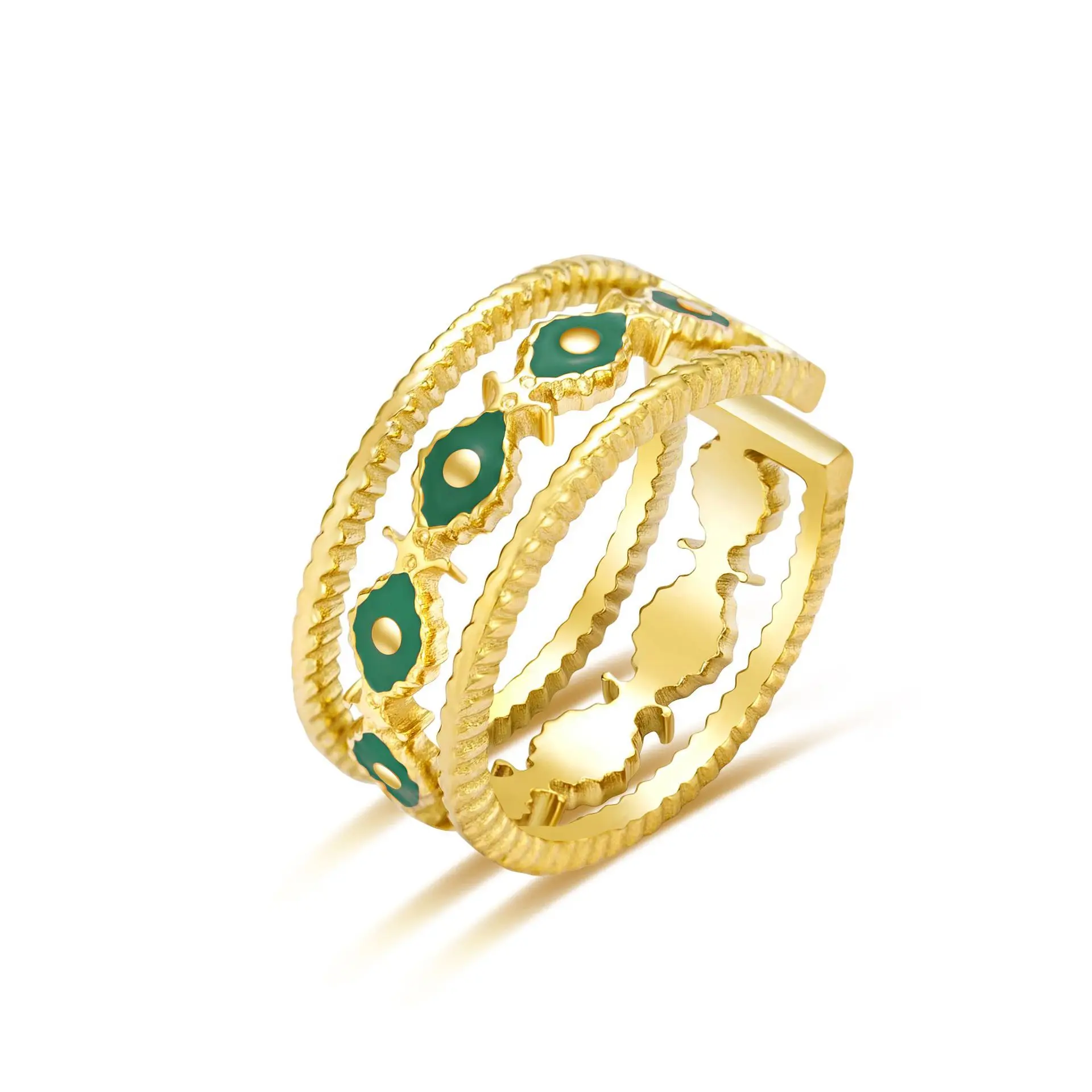 French New 18K Real Gold Stainless Steel Ring Inlaid with Peacock Stone Green Series Ring Foreign Trade Jewelry Wholesale