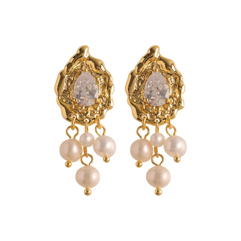 Women 18K Gold Plated Stainless Steel Jewelry Dangle Drop Real Natural Baroque Freshwater Fresh Water Hoop Drop Pearl Earrings