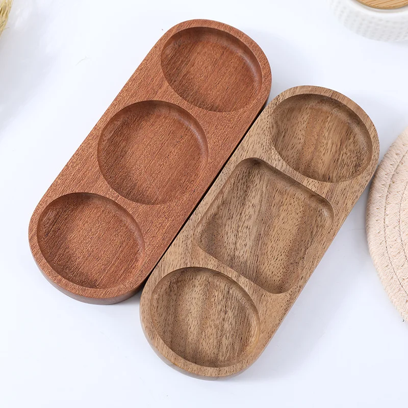 Wholesale Creative Multi-Compartment Acacia Wood Sauce Dish Korean Sauce Plate Food Tray Sauce