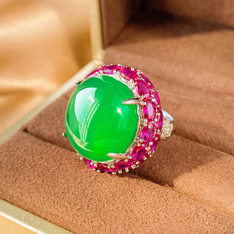 Luxury Oval Ruby Emerald Large Gemstone Rings Brass White Gold Plated Simulated Jade Ring for Women Party Jewelry Gift