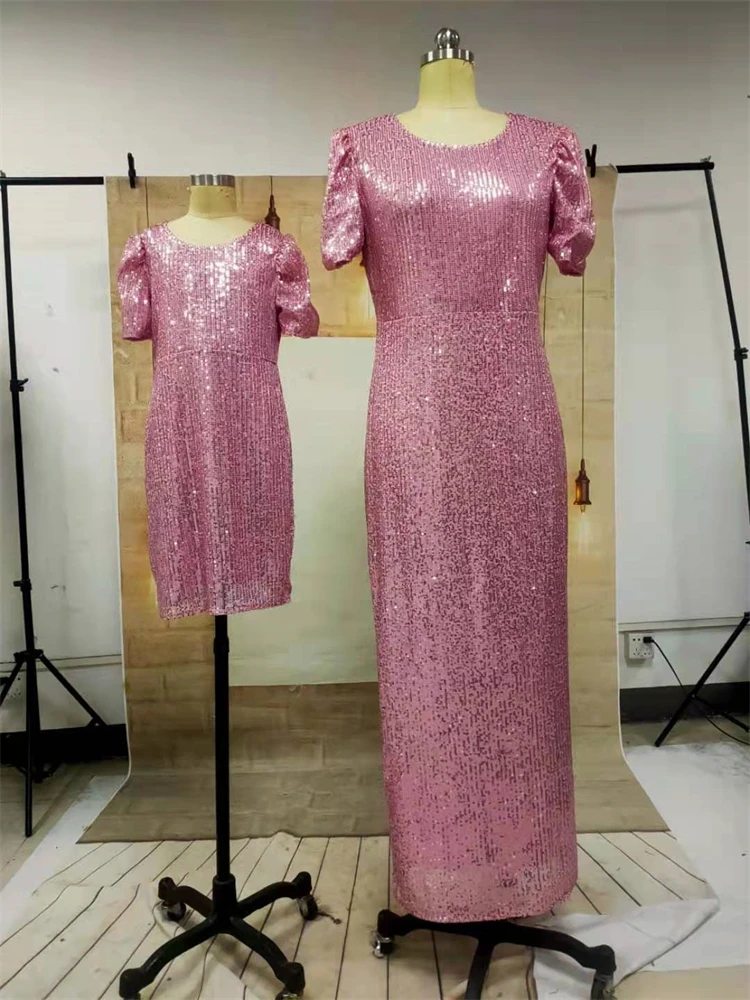 New girls pink party dress adult kids clothing sequin mother and daughter matching wedding christmas new year party dresses