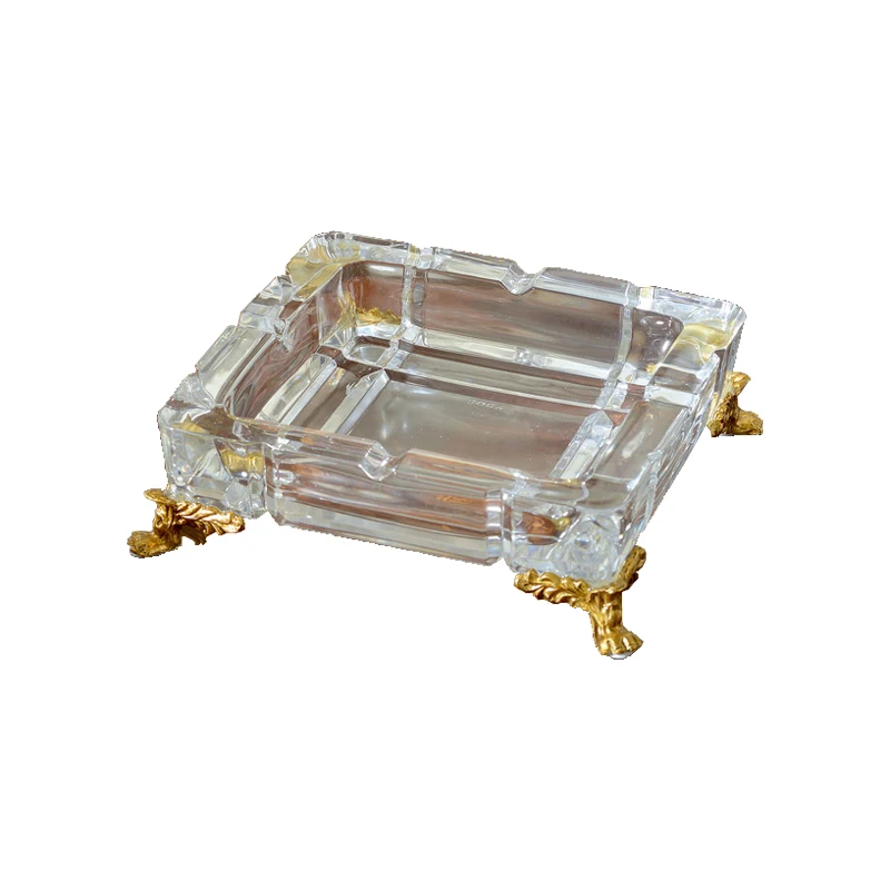 Factory Wholesale Hotel Villa Club Home Decor Square Handcraft Brass Carving Base Luxury  Crystal Cigar Ashtray