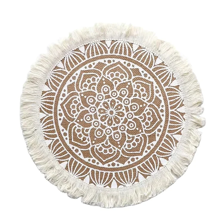Kitchen Dining Cotton linen Jute Placemat Boho  Woven Tassel Printed Table Mats Pad Heat Resistant Waterproof jute Placemat