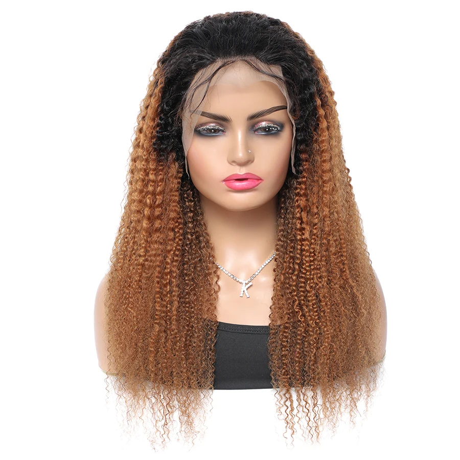 Ombre Two Tone 1B/30 180% Density Lace Front Human Hair Wigs for Black Women Remy Hair Dark Roots Kinky Curly Lace Wig Wholesale