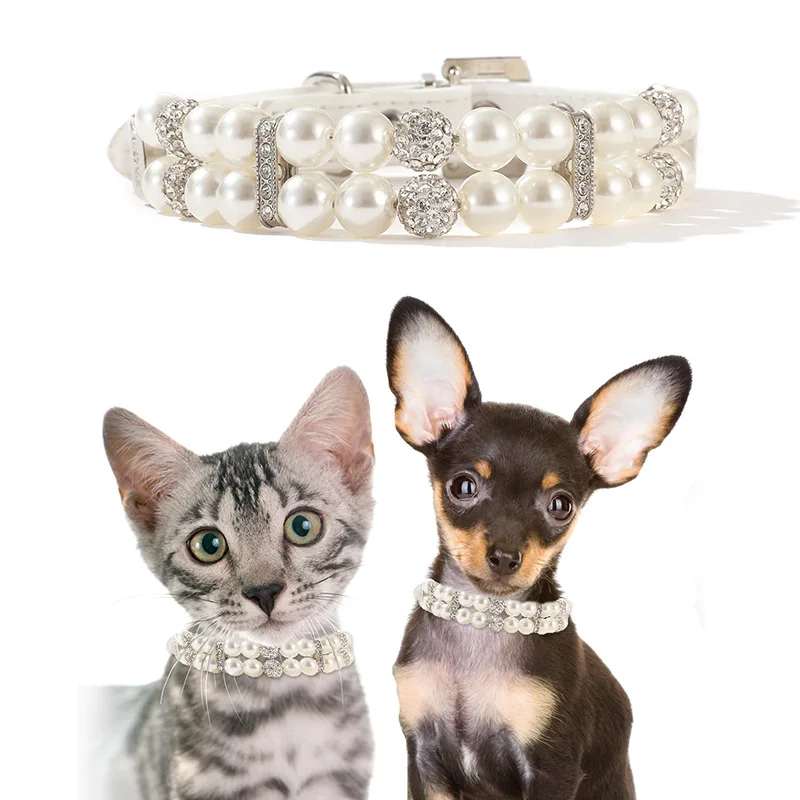 Wholesale Cute Fashion Pet Pu Leather Collars Necklace With Crystal Rhinestone Small Dog Cat Pearl Collars Pearl Necklace Set