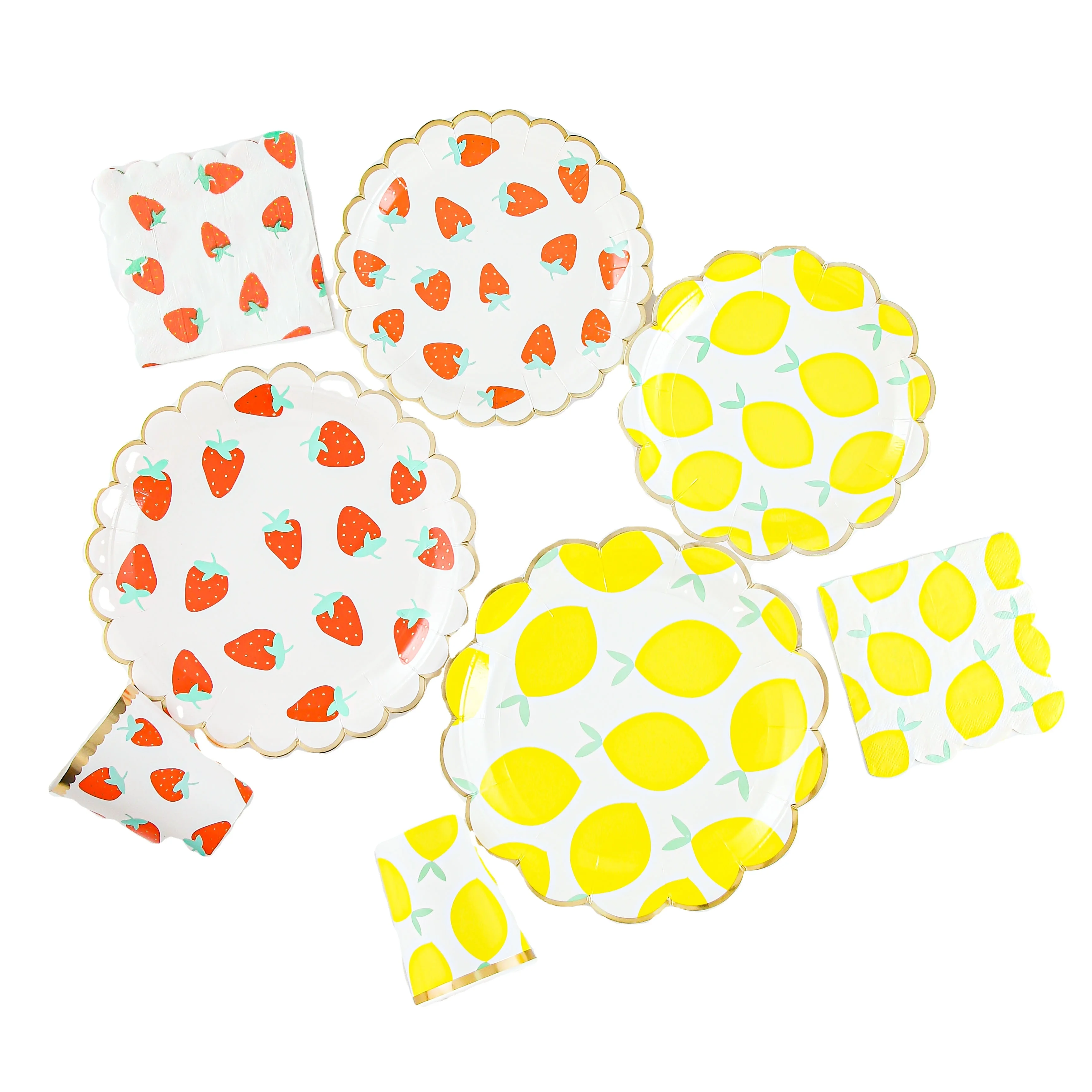 New Design Fruit Theme Gold Lace Strawberry Lemon Pattern Disposable Tableware Paper Plate Cup Napkin Party Supplies Party