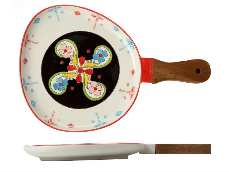 
Nordic handpainted Kitchen Restaurant Plates handpainted porcelain food dish with bamboo handle 