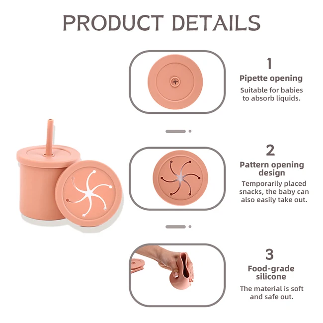 NON- spill 2 Lids in 1 Babe Drink Training Snack Catcher Kid BPA-free baby silicone food sippy cup with straw