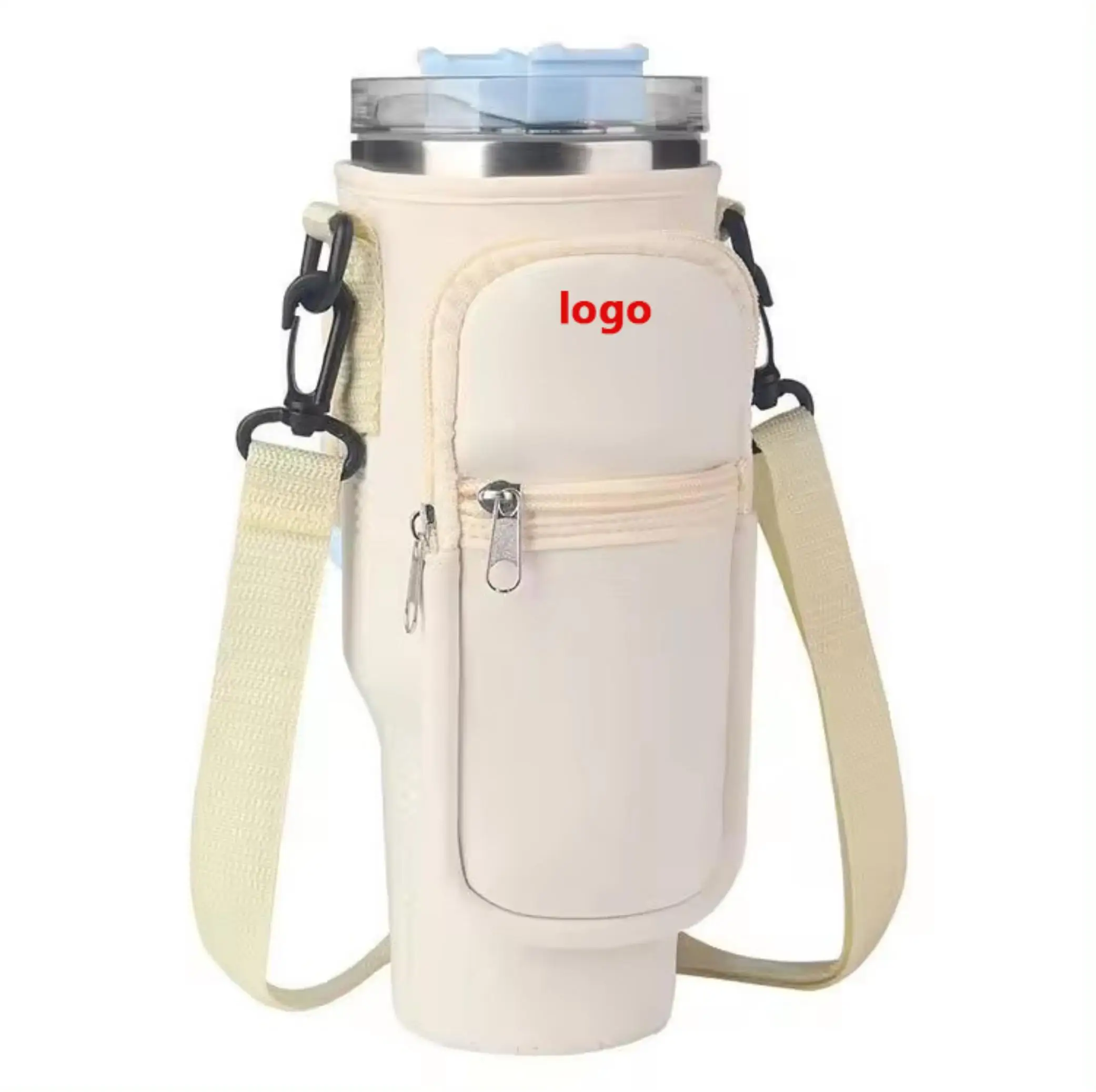 Custom Adjustable strap neoprene 40oz water bottle carrier sleeve  Solid Color Water Bottle Pouch Cup Holder  Phone Pocket