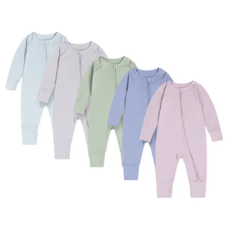 Newborn Baby Jumpsuit Zippered Pure Bamboo Fiber Romper Solid Long-Sleeve Cotton Clothing 0-24 Months-for Spring Summer Winter