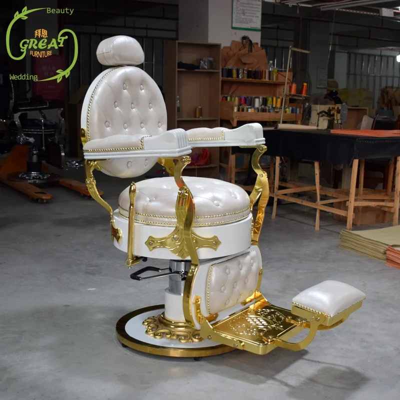 Best Selling Saloon Equipment White Golden Antique Barber Chair Retro Salon Chair And Furniture Luxury