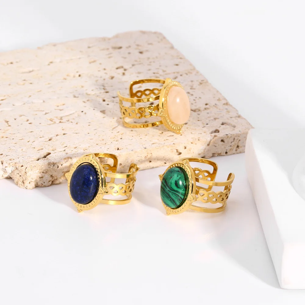 Waterproof Pvd Gold Plated Stainless Steel Natural Stone Hollow Three Layers Adjustable Ring anillos de acero inoxida