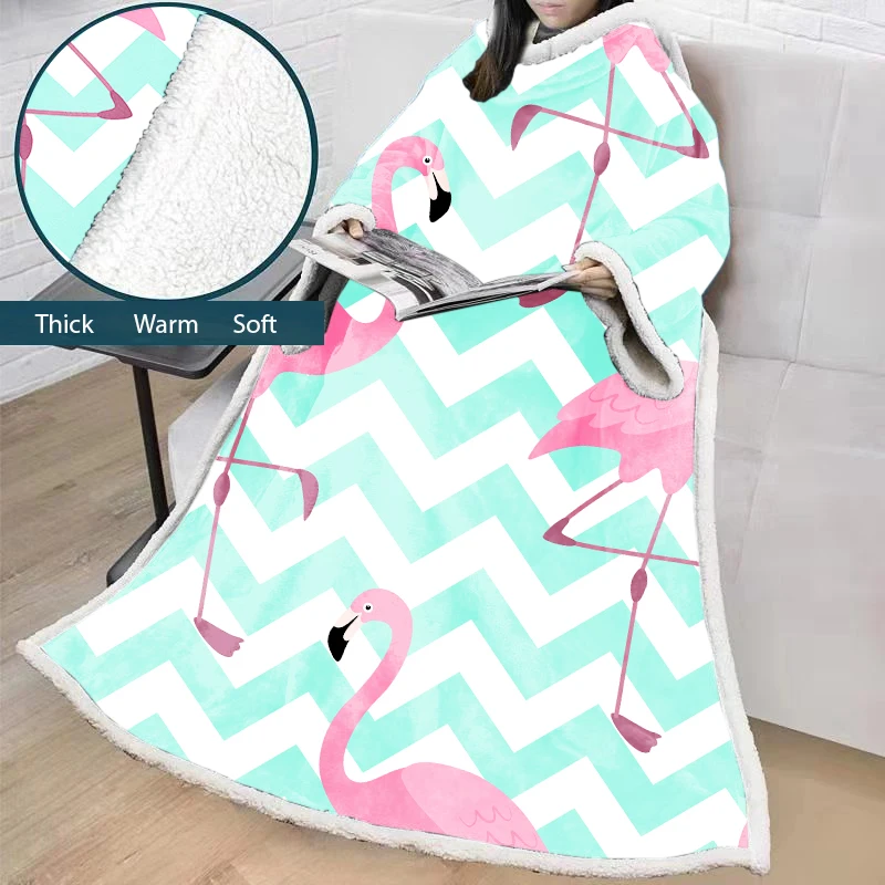 Wholesale Popular Design Home Decor Boho Sleeve Flannel Microfiber Flamingo Fleece Tv Blanket with Sleeves