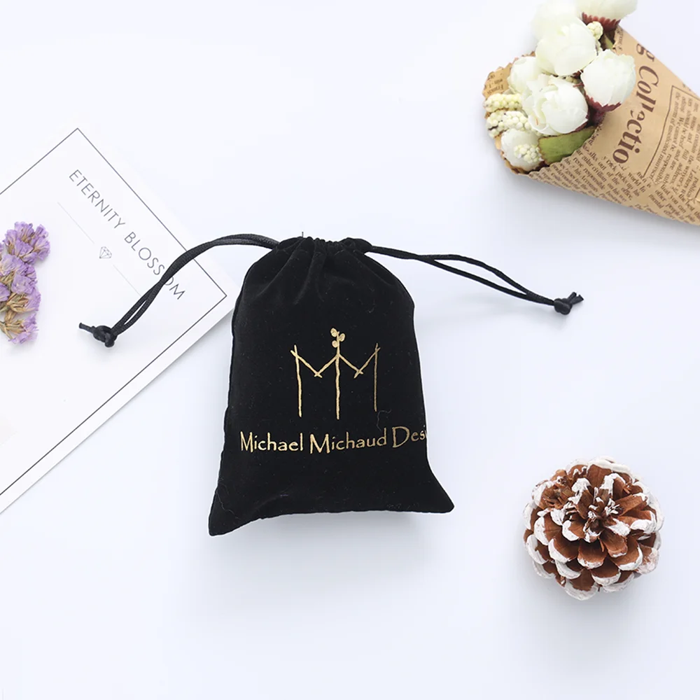 Latest Design Custom Hot Stamping Loho Black High End Jewelry Packaging Velvet Favor Bags Pouch
