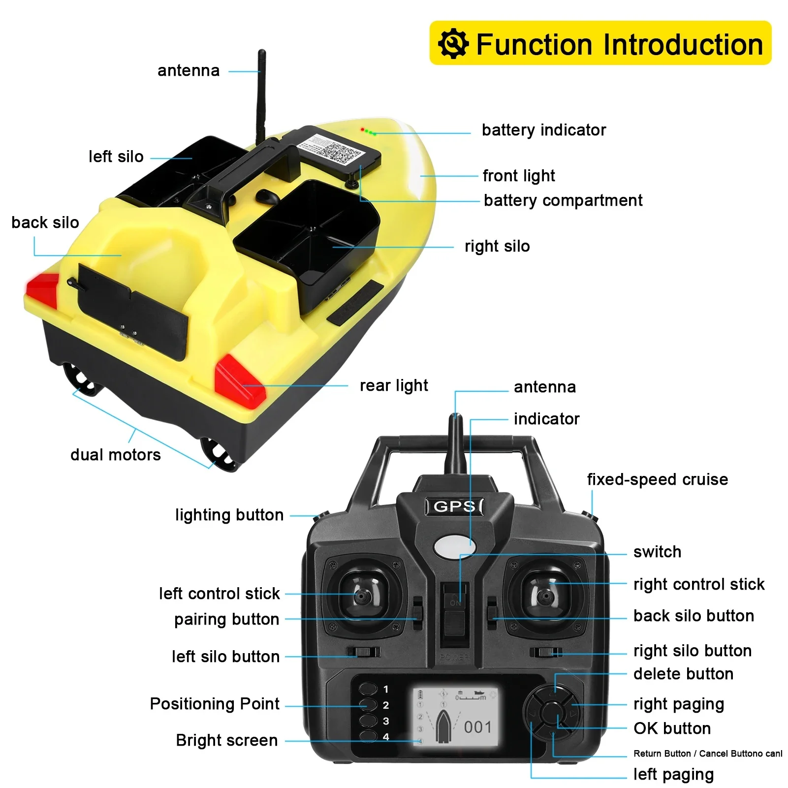 With LED Light V020 GPS Fishing Bait Boat Dual Powerful Motor 500M Remote Control Boat 2KG Loading Automatic Cruise RC Toy Gifts