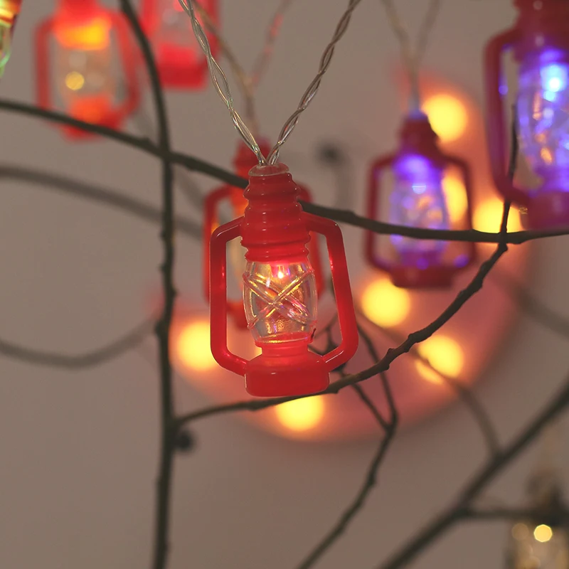 Battery USB Powered Red Lantern Hanging Camping Kerosene Oil Lamp LED Garland String Halloween Ramadan Holiday Lights
