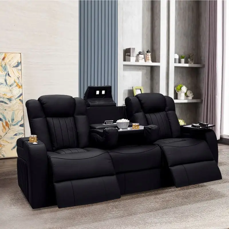 2024  luxury private customized Italian top grain leather electric power recliner LED home theater cinema sofa with coffee table