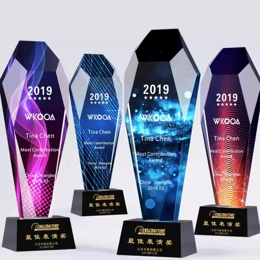 wholesale  Blank crystal trophy award color printing components clear custom crystal glass trophy awards with crystal base
