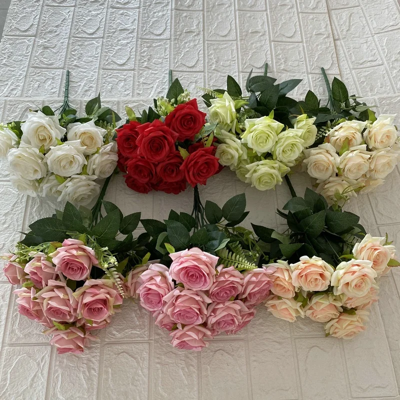 QSLH-F448 Novel Design Silk Rose Artificial Flowers Bouquet 12 heads silk rose peony bouquet For Wedding Home Decoration
