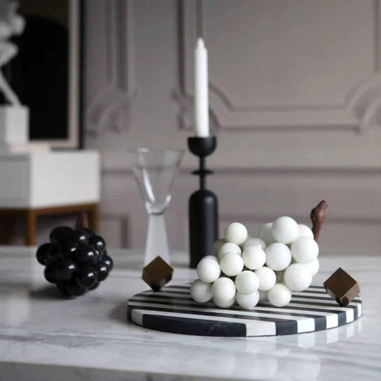 Classic black and white stripes decorative round marble serving tray for perfume