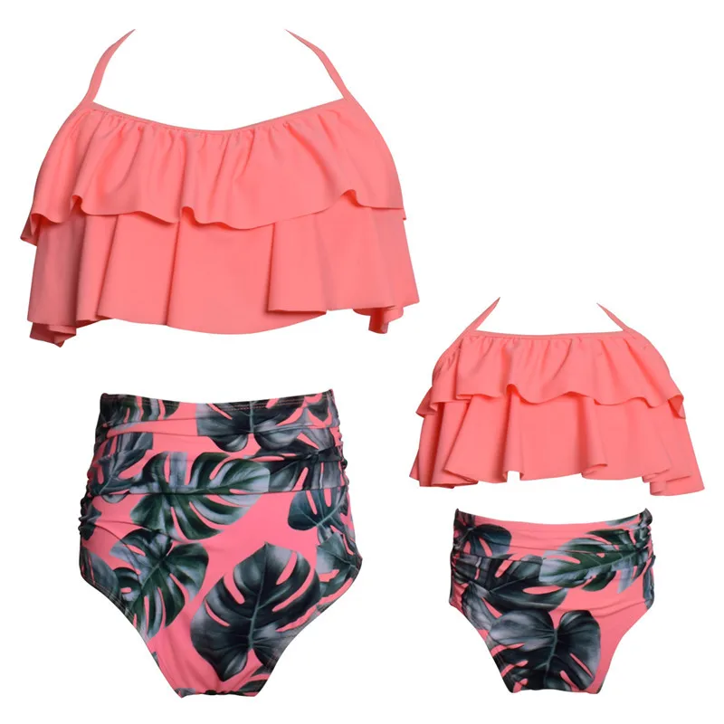 
2021 Mommy and Me Swimsuits Family Matching Swimwear Girls Bathing Suit Two Piece Ruffle Bikini Set 