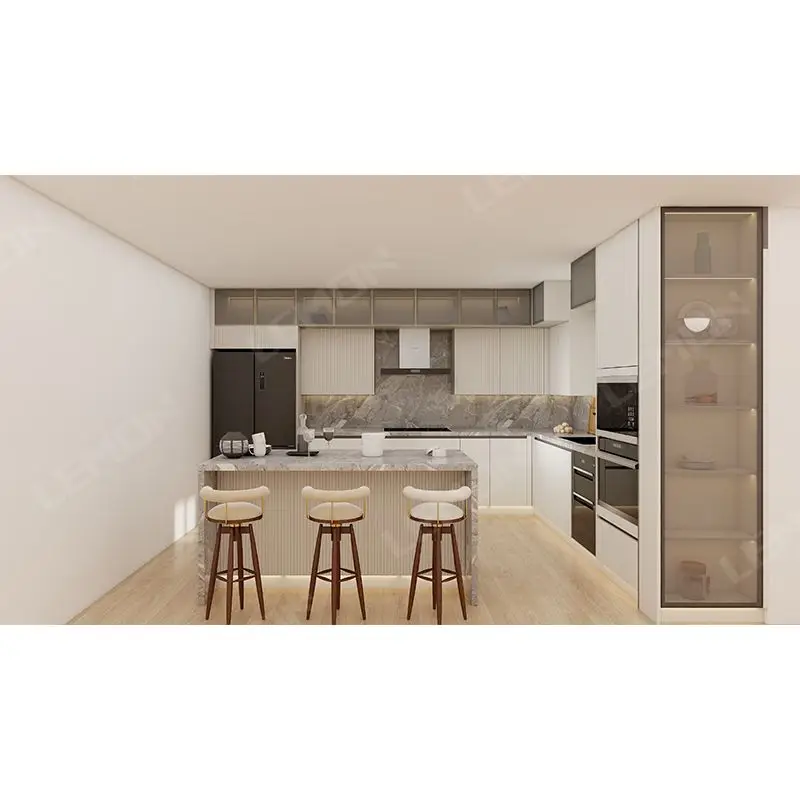 Home Kitchen Furniture Modern Design Kitchen Cabinet with Island Quartz Countertop High End Kitchen Cabinets