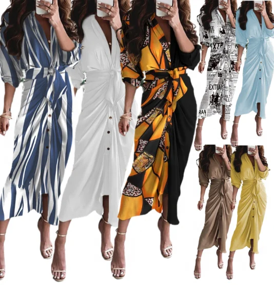 Spring Autumn Summer New Women Button Long Casual Dress Floral Printed Shirt Maxi Dress