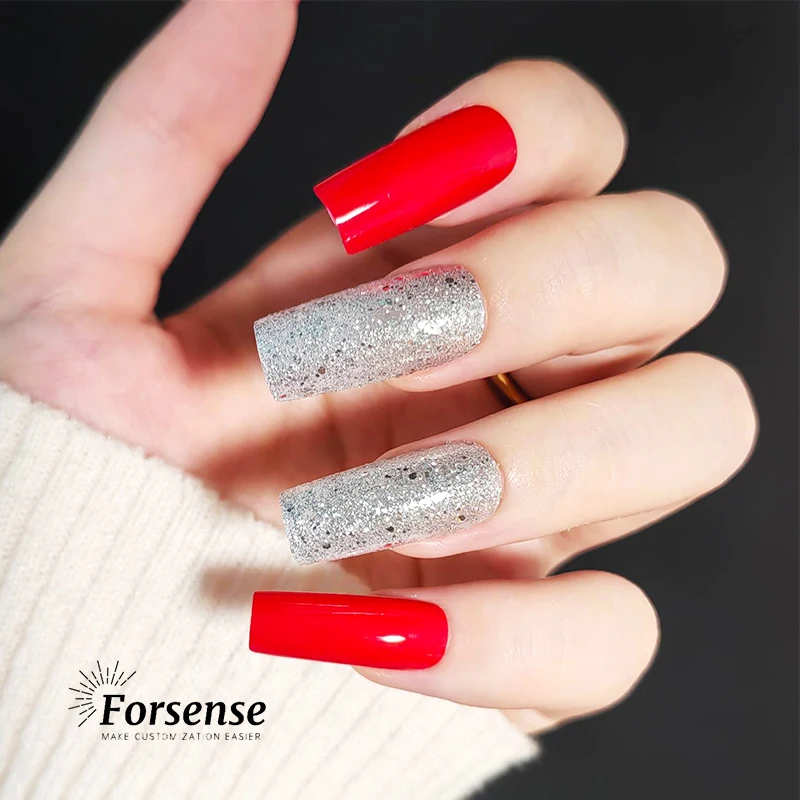 high quality designer red square fake nails extra long luxury press on nails glitter custom logo artifical false nails wholesale