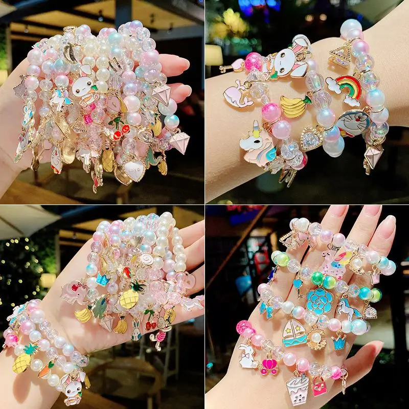 Wholesale Colorful Bracelets Rainbow Unicorn Cartoon Charm Bracelets Glass Beaded Bracelets for Kids Girls