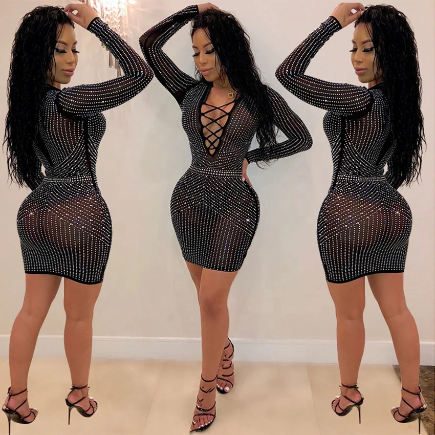 Hottest women diamond dress rhinestone mesh bodycon club dresses evening Ladies sexy Prom night party dress